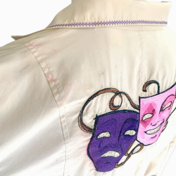 VTG Liz Claiborne Silk Button Front Top Embroidered Theater/Drama Masks M #88D - Picture 7 of 9